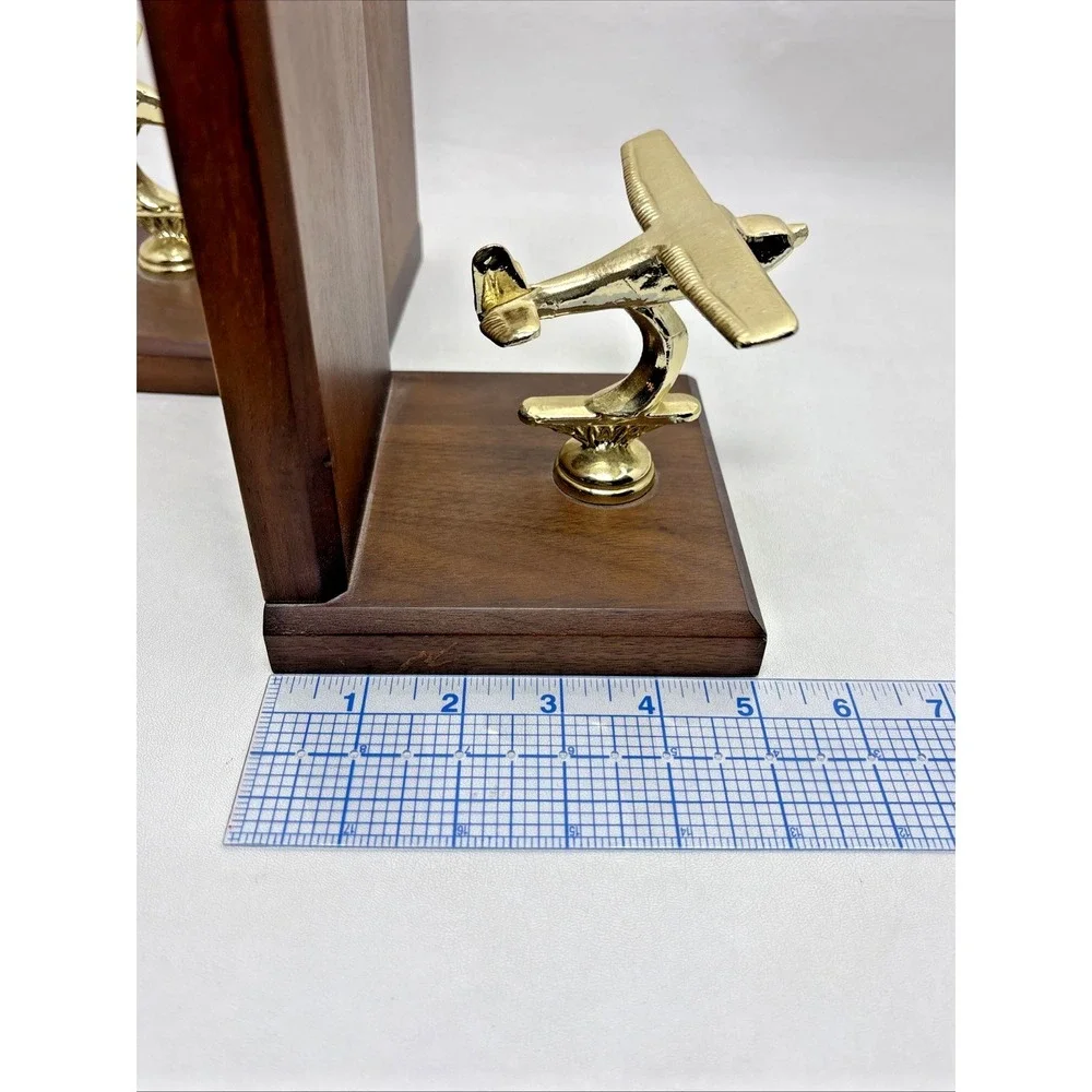 Vintage Art Deco Style Brass Airplane Wooden Bookends Book Ends Wood Plane